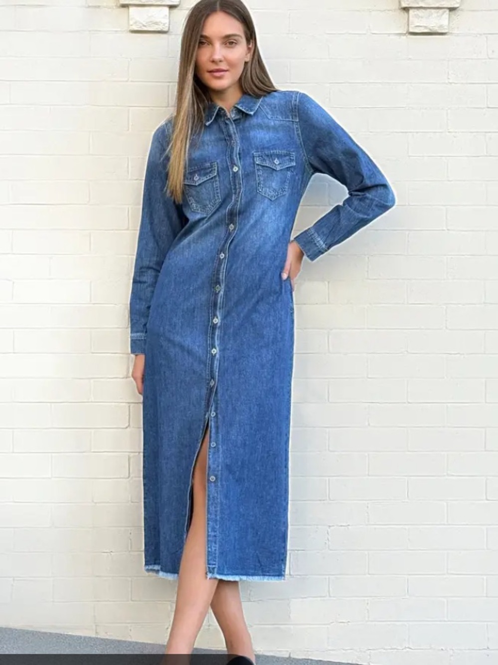Denim Button-Front Midi Shirt Dress - Blue